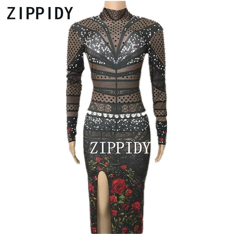 Red Rose Flowers Pattern Black Rhinestones Dress Female Singer Outfit Nightclub Women'S Clothes Sexy Long Style Cheongsam Dress