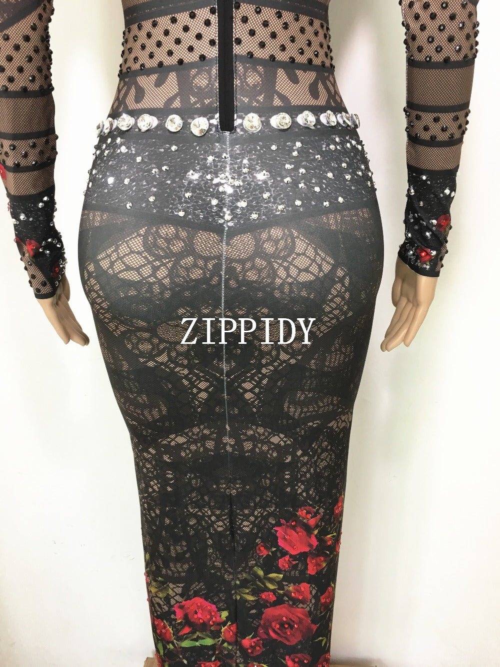 Red Rose Flowers Pattern Black Rhinestones Dress Female Singer Outfit Nightclub Women'S Clothes Sexy Long Style Cheongsam Dress