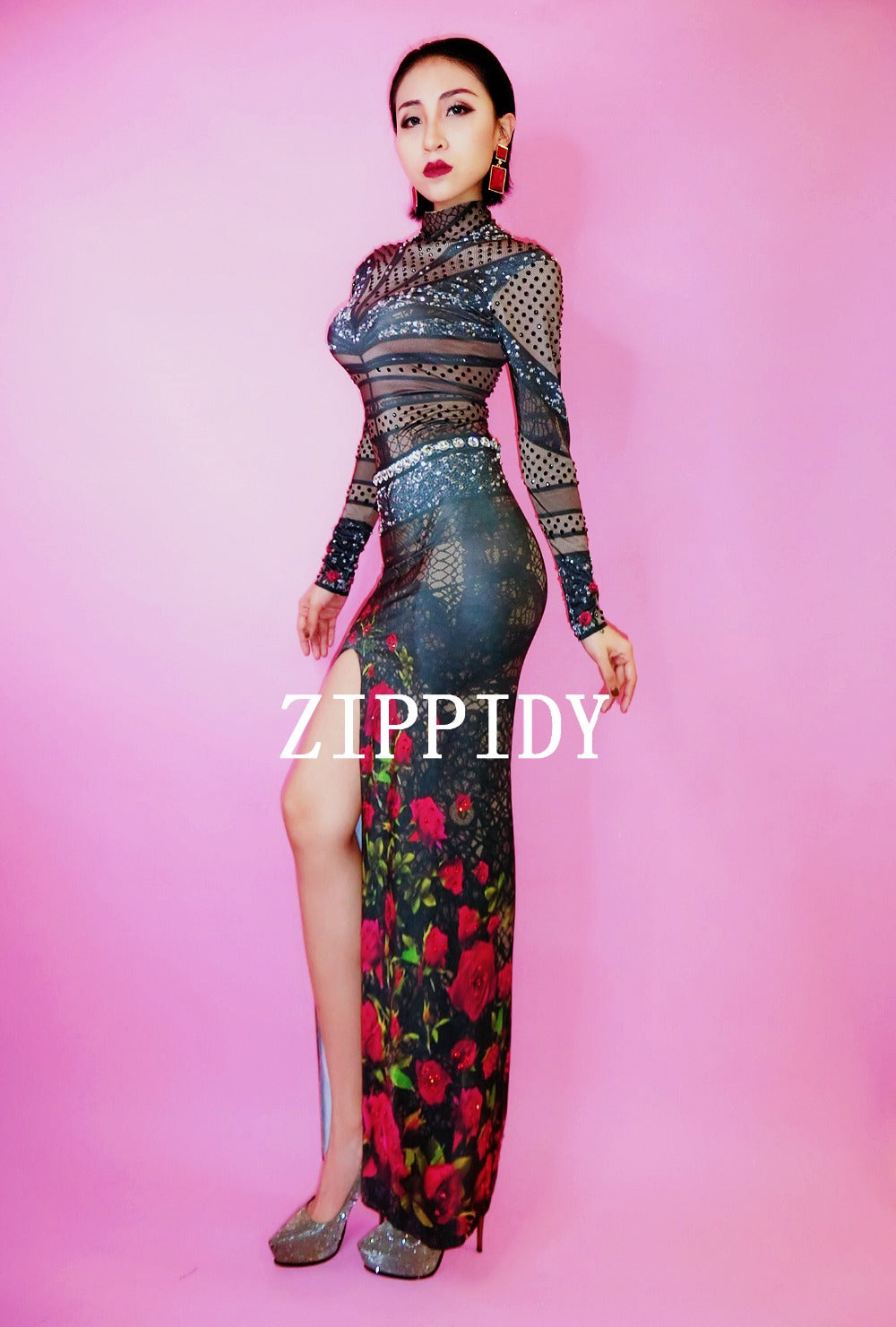 Red Rose Flowers Pattern Black Rhinestones Dress Female Singer Outfit Nightclub Women'S Clothes Sexy Long Style Cheongsam Dress