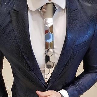 Reversible Mirror Necktie One Side Gold N One Side Silver Classy Hexagons Ties Lover Gift Acrylic Shining Ties Slim Tie Clip Set