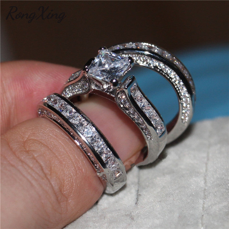 Rongxing Princess Cut White Zircon Engagement Ring Set Female Yellow Gold Silver Color Cz Stone Rings For Women Men Wedding