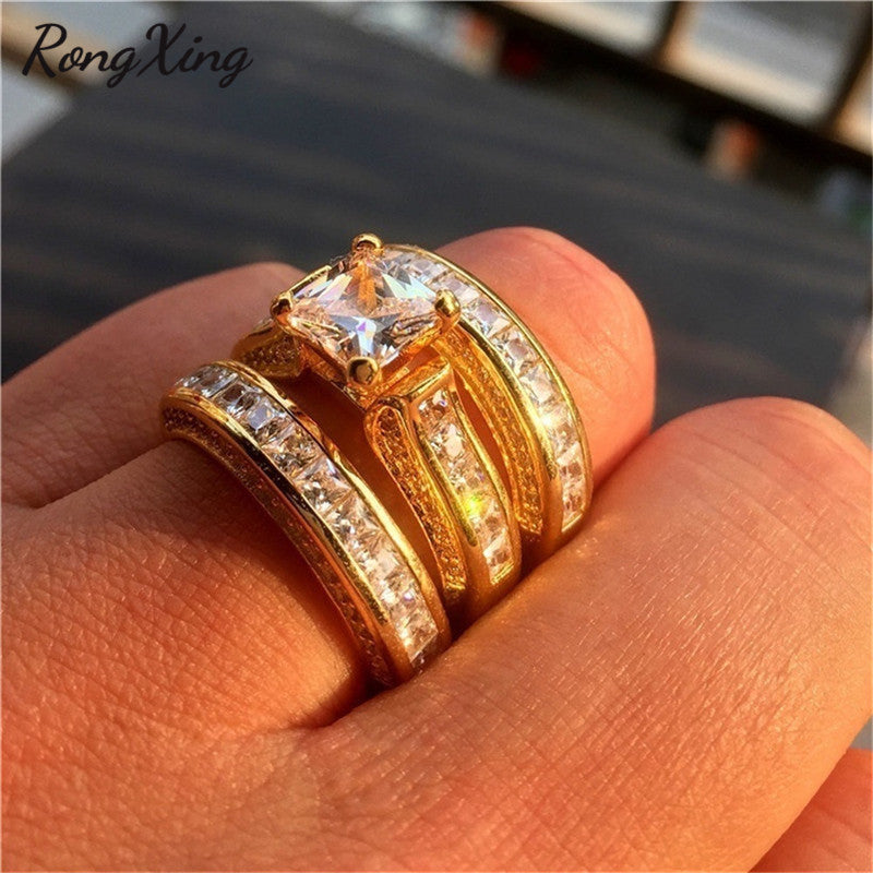 Rongxing Princess Cut White Zircon Engagement Ring Set Female Yellow Gold Silver Color Cz Stone Rings For Women Men Wedding