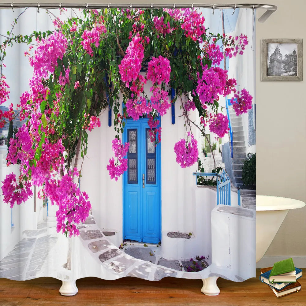 Rural Idyllic Flowers European Garden Shower Curtain Bathroom Waterproof 3D Printed Bath Curtains With 12 Hooks Polyester Cloth