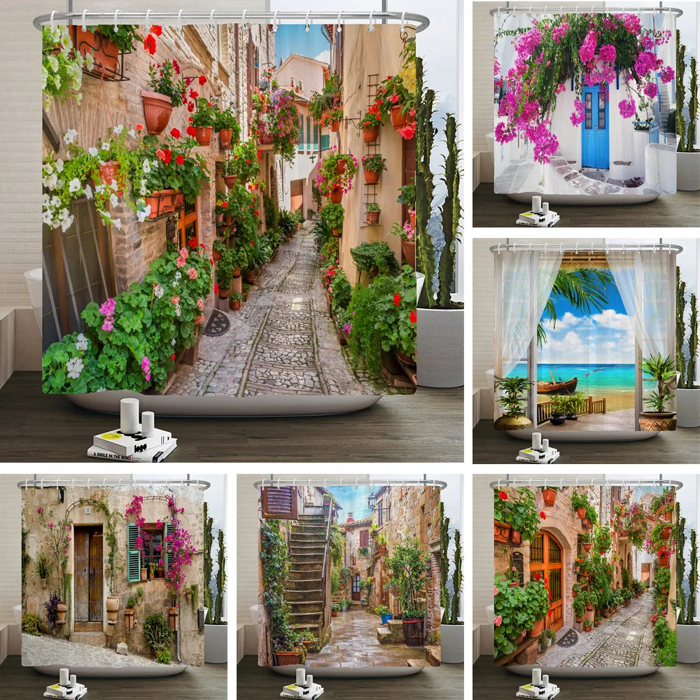 Rural Idyllic Flowers European Garden Shower Curtain Bathroom Waterproof 3D Printed Bath Curtains With 12 Hooks Polyester Cloth