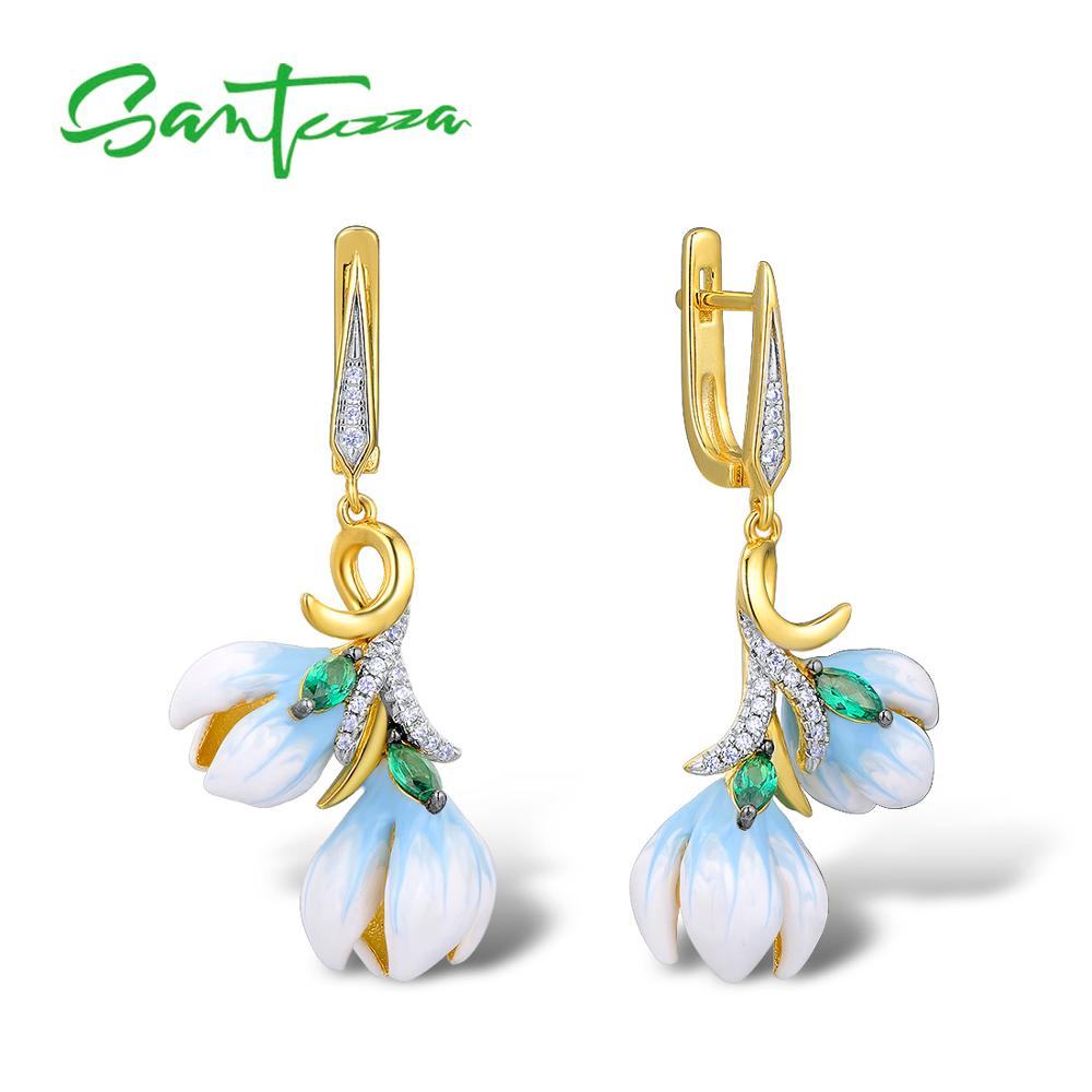 Santuzza Silver Earrings For Women Authentic 925 Sterling Silver Gold Color Delicate Orchid Flower Fine Jewelry Handmade Enamel
