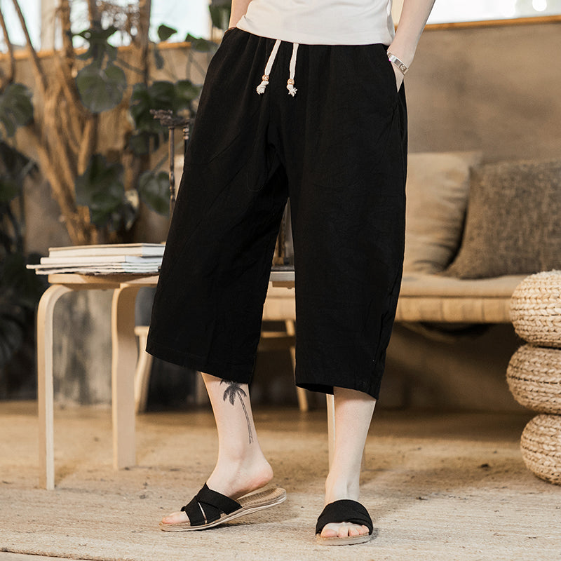 Shan Bao Summer Brand Japanese Style Loose Men'S Cotton Harem Pants 100% Cotton Elastic Waist Drawstring Cropped Pants