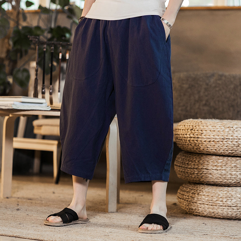 Shan Bao Summer Brand Japanese Style Loose Men'S Cotton Harem Pants 100% Cotton Elastic Waist Drawstring Cropped Pants