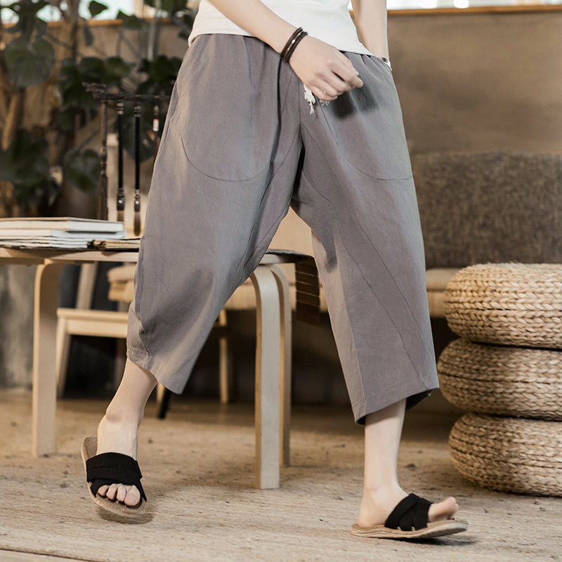 Shan Bao Summer Brand Japanese Style Loose Men'S Cotton Harem Pants 100% Cotton Elastic Waist Drawstring Cropped Pants