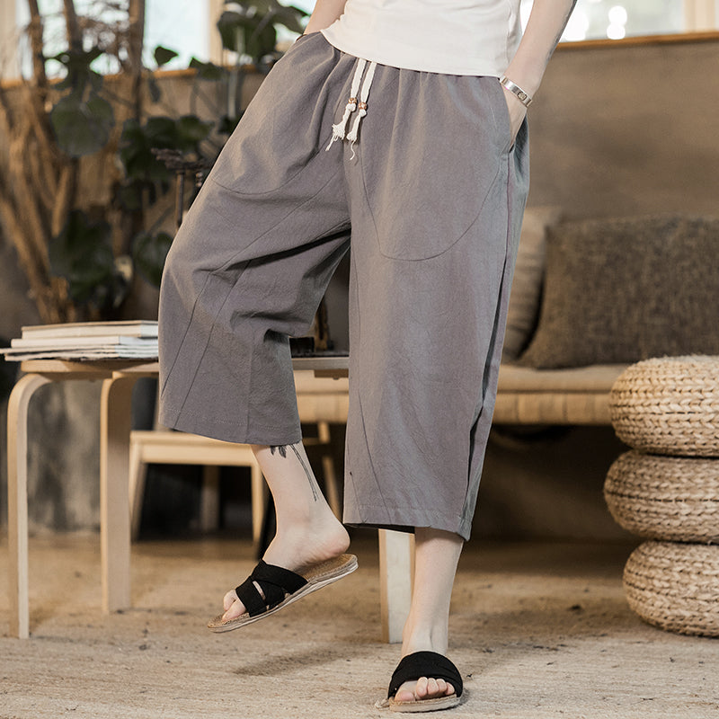 Shan Bao Summer Brand Japanese Style Loose Men'S Cotton Harem Pants 100% Cotton Elastic Waist Drawstring Cropped Pants