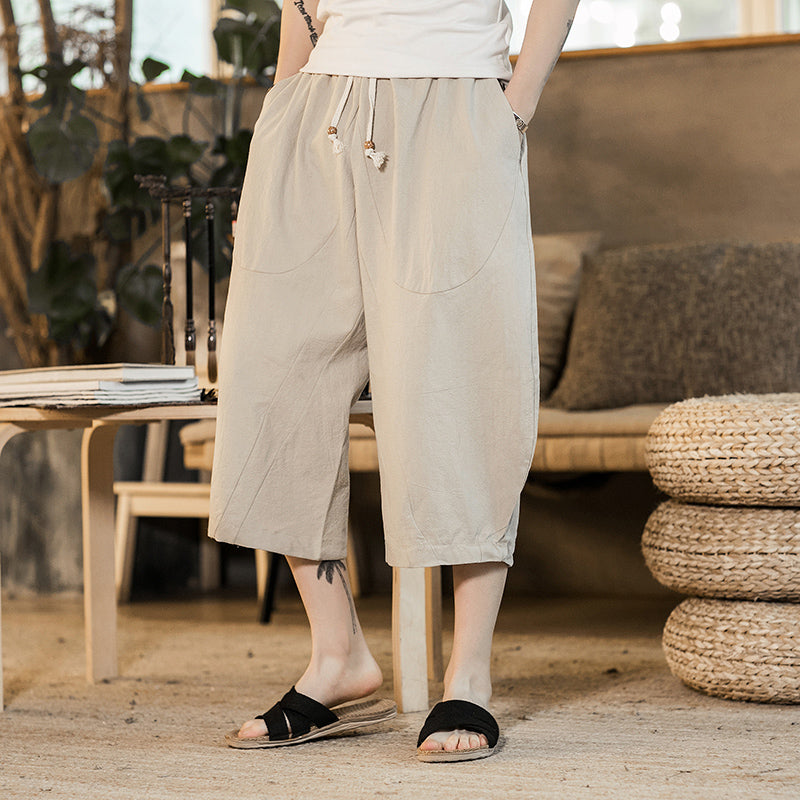 Shan Bao Summer Brand Japanese Style Loose Men'S Cotton Harem Pants 100% Cotton Elastic Waist Drawstring Cropped Pants