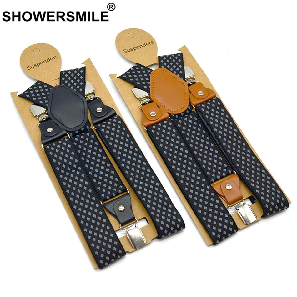 Showersmile Men'S Suspenders Formal Trouser Belt Diamond Suspenders Vintage Men Braces Suspender Elastic Clips Pants Strap 120Cm