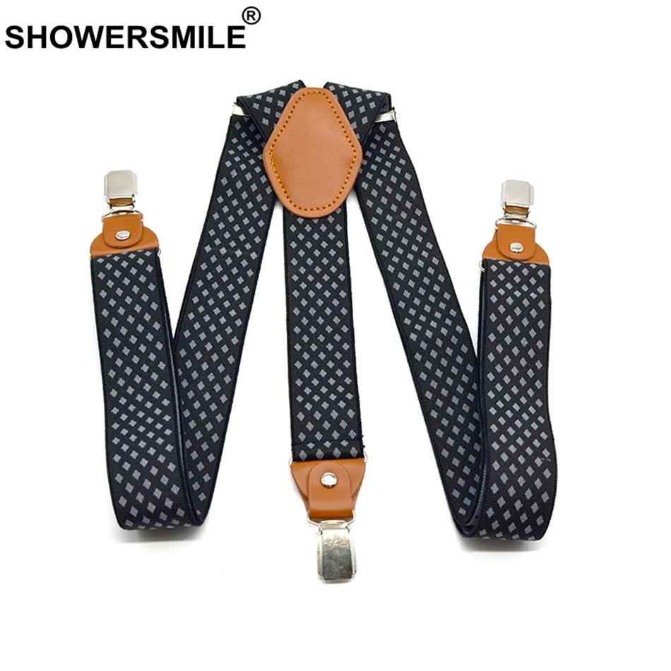 Showersmile Men'S Suspenders Formal Trouser Belt Diamond Suspenders Vintage Men Braces Suspender Elastic Clips Pants Strap 120Cm