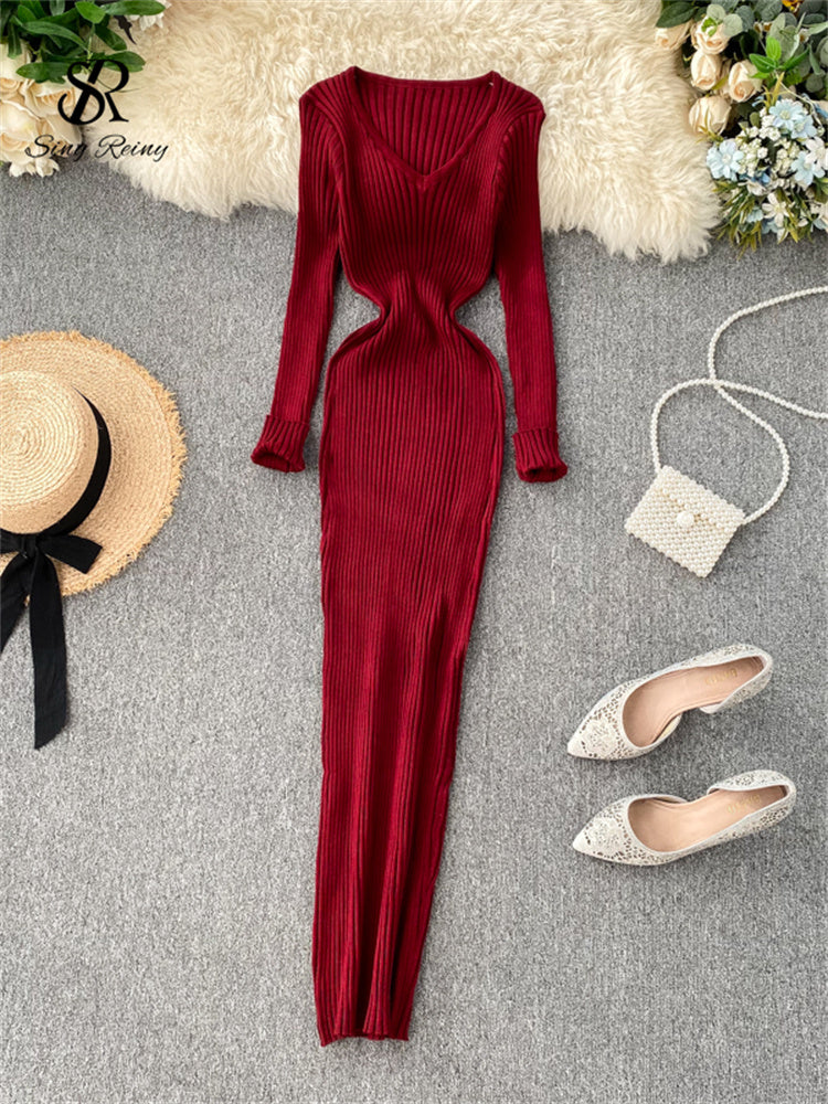 Singrain Women Autumn Knitted Dress V Neck Sexy Slim Elastic Oversized Basic Bodycon Long Dress Winter Knit Warm Sweater Dresses