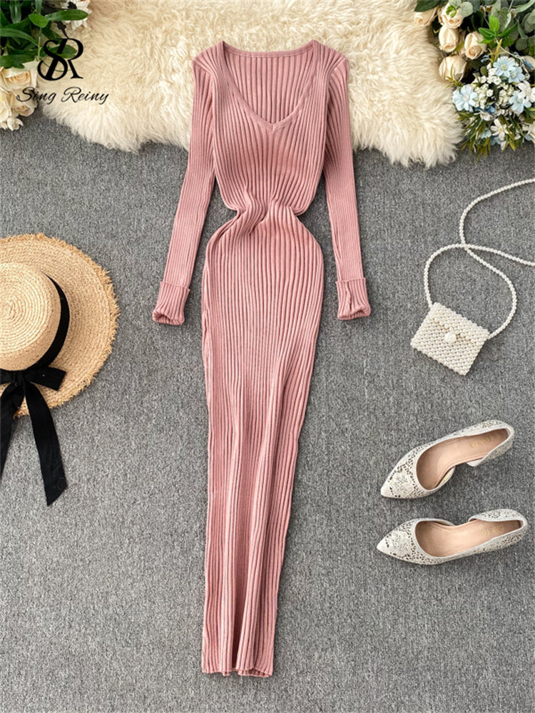 Singrain Women Autumn Knitted Dress V Neck Sexy Slim Elastic Oversized Basic Bodycon Long Dress Winter Knit Warm Sweater Dresses