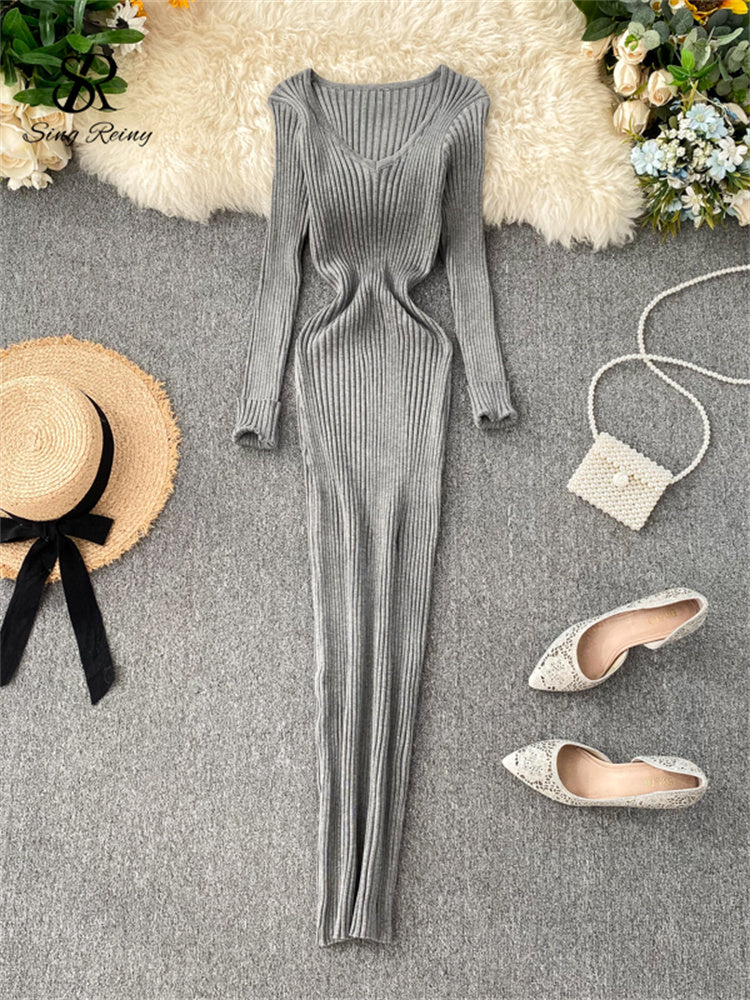 Singrain Women Autumn Knitted Dress V Neck Sexy Slim Elastic Oversized Basic Bodycon Long Dress Winter Knit Warm Sweater Dresses