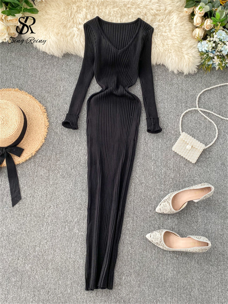 Singrain Women Autumn Knitted Dress V Neck Sexy Slim Elastic Oversized Basic Bodycon Long Dress Winter Knit Warm Sweater Dresses