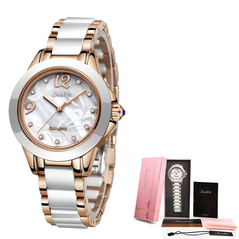 Sunkta Luxury Crystal Ladies Watches Waterproof Rose Gold Women Wrist Watches Top Brand Bracelet Clock Gift Relogio Feminino+Box