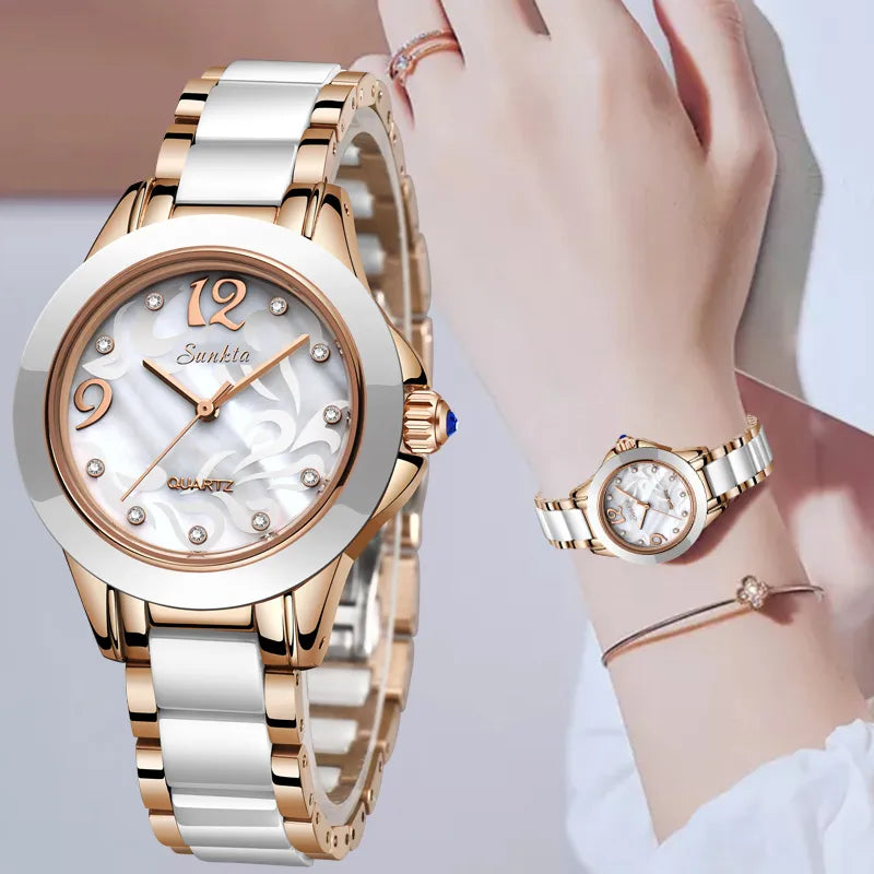 Sunkta Luxury Crystal Ladies Watches Waterproof Rose Gold Women Wrist Watches Top Brand Bracelet Clock Gift Relogio Feminino+Box