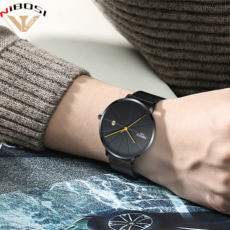 Saat Nibosi Luxury Brand Watches Men Mesh Band Fashion Simple Watch Clock Man Black Ultra Thin Watches For Men Relogio Masculino