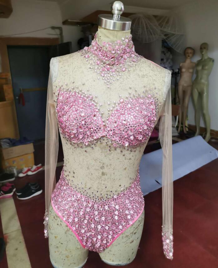 Sexy Mesh Transparent Stones Bodysuit Birthday Party Outfit Rhinestones Rompers Women Singer Team Dance Pink White Blue  Costume