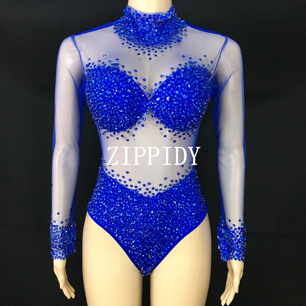 Sexy Mesh Transparent Stones Bodysuit Birthday Party Outfit Rhinestones Rompers Women Singer Team Dance Pink White Blue  Costume
