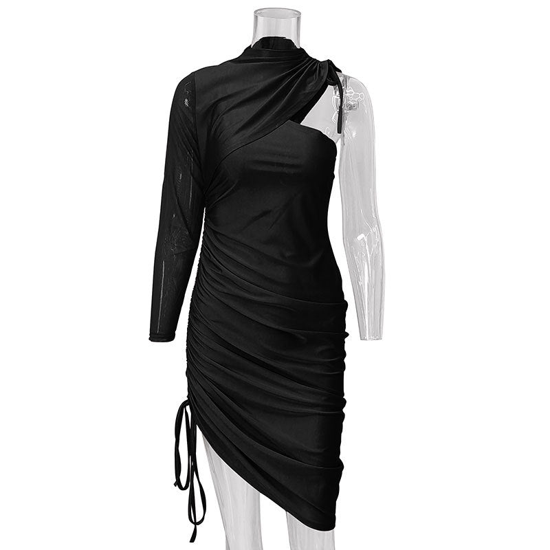 Sexy One Shoulder Drawstring Ruched Bodycon Dress Women Solid Long Sleeve Mid-Calf Night Club Party Dress