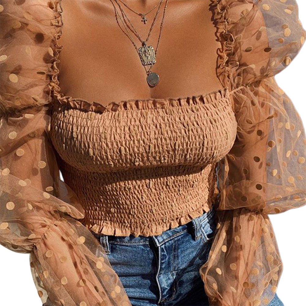 Sexy Women Wrinkled Backless Blouse Shirt Mesh Sheer Puff Sleeve Wrap Chest Tops 2020 Spring Summer Ladies Dots Blouse