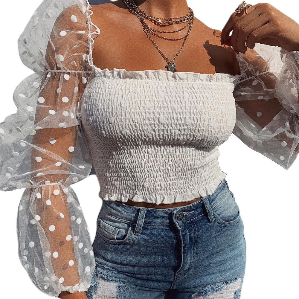 Sexy Women Wrinkled Backless Blouse Shirt Mesh Sheer Puff Sleeve Wrap Chest Tops 2020 Spring Summer Ladies Dots Blouse