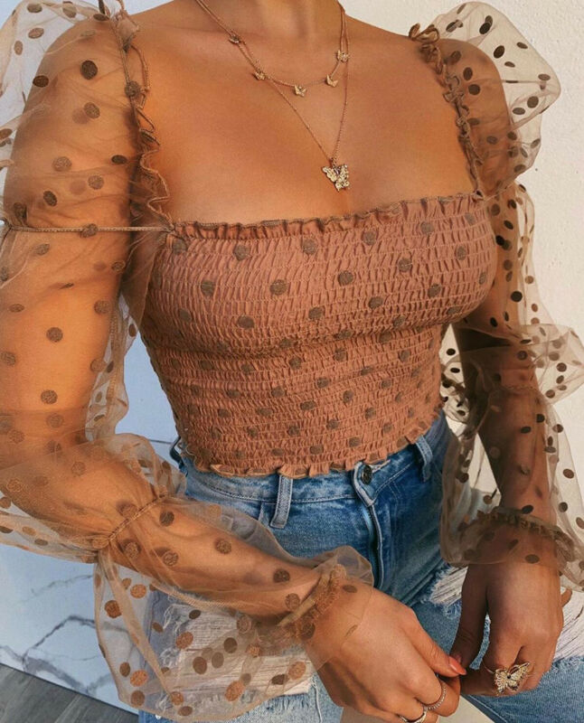 Sexy Women Wrinkled Backless Blouse Shirt Mesh Sheer Puff Sleeve Wrap Chest Tops 2020 Spring Summer Ladies Dots Blouse