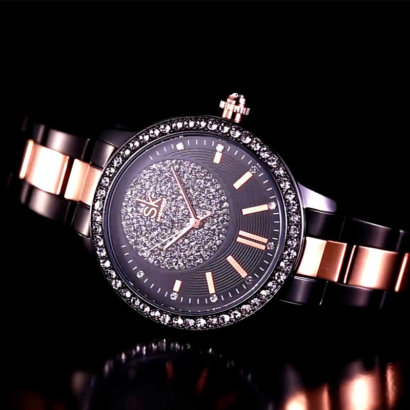 Shengke Rose Gold Relogio Feminino Japanese Quartz Watch For Women Crystal Luxury Black Women'S Watch With 6 Months Warranty