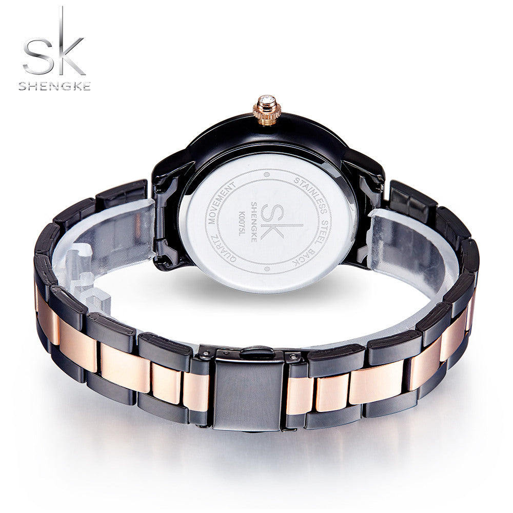 Shengke Rose Gold Relogio Feminino Japanese Quartz Watch For Women Crystal Luxury Black Women'S Watch With 6 Months Warranty