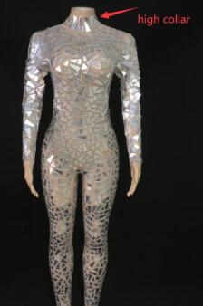 Shining Silver Mirrors Jumpsuit Mesh Dance Costume Women Stage Performance Dance Net Yarn Bodysuit Sexy Nightclub Wear Youdu