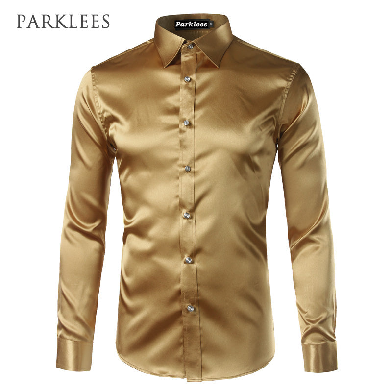 Silk Shirt Men 2022 Satin Smooth Men Solid Tuxedo Shirt Business Chemise Homme Casual Slim Fit Shiny Gold Wedding Dress Shirts