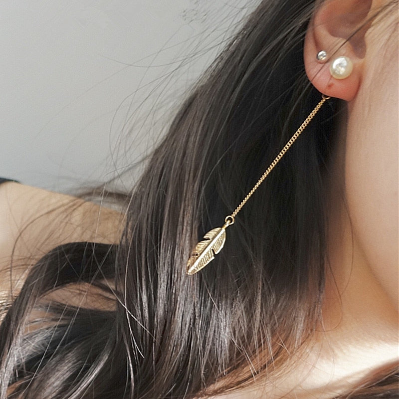 Simulated Pearls Long Tassel Dangle Earrings For Women Leaf Feather Drop Brincos Bijoux Boucle D'Oreille  Jewelry Earring