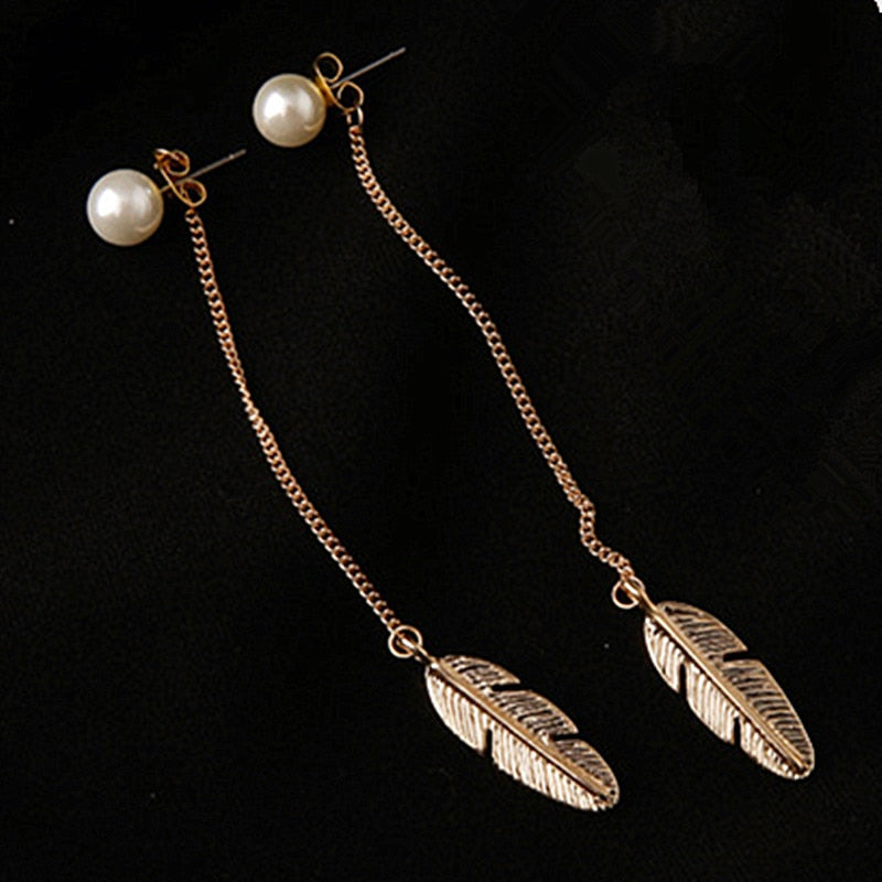 Simulated Pearls Long Tassel Dangle Earrings For Women Leaf Feather Drop Brincos Bijoux Boucle D'Oreille  Jewelry Earring
