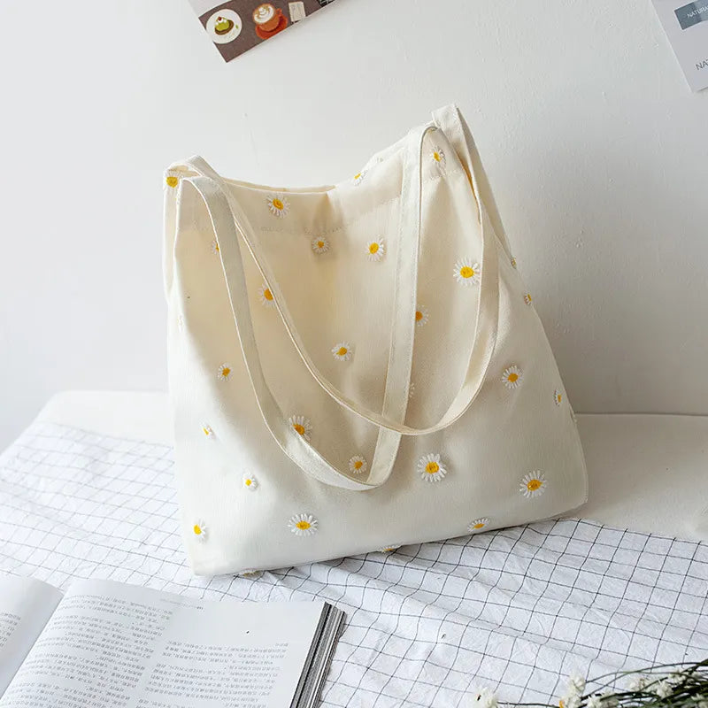 Small Canvas Tote Bag For Women 2023 Girls Shopper Designer Handbag Casual Embroidery With Daisy Crochet Cute Mesh Shoulder Bags