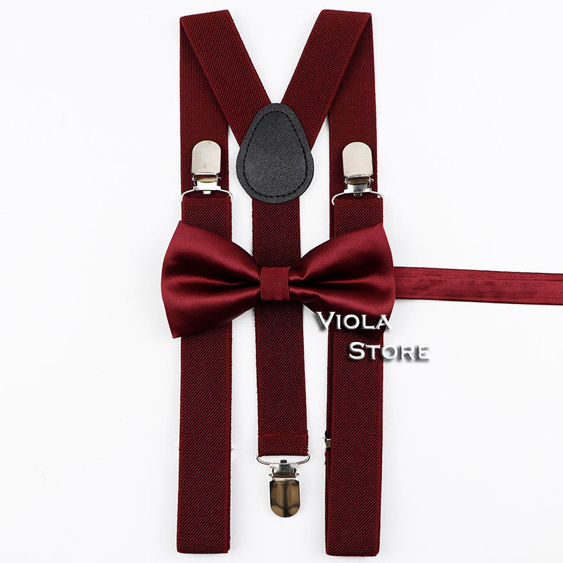 Soild 2.5Cm Suspenders Glossy Bowtie Set Men Kids Red Brown Polyester Butterfly Y-Back Braces Party Dinner Shirt Pants Accessory
