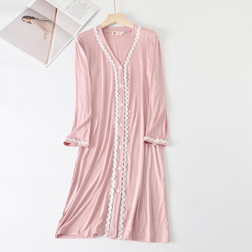 Spring Autumn Modal Nightdress Cardigan Lace Long Sleeve Mid Length Dress Outer Wear Home Clothes Women'S Nightwear Nightgowns