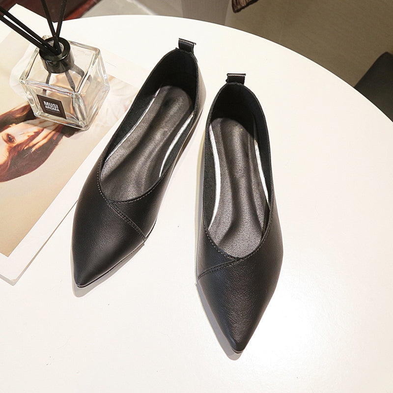 Spring Black Soft Pu Leather Shoes Women Larger Sizes 40 Ballet Flats Pointed Toe Shallow Mouth Slip-On Ladies Loafer N600