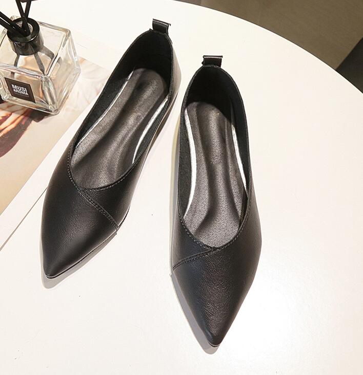 Spring Black Soft Pu Leather Shoes Women Larger Sizes 40 Ballet Flats Pointed Toe Shallow Mouth Slip-On Ladies Loafer N600