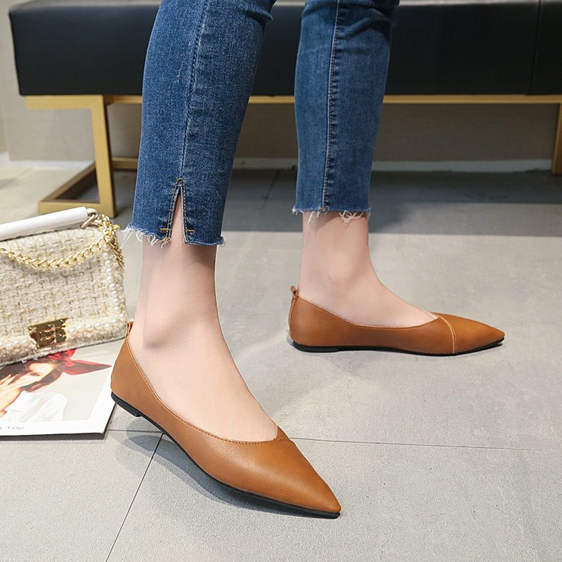 Spring Black Soft Pu Leather Shoes Women Larger Sizes 40 Ballet Flats Pointed Toe Shallow Mouth Slip-On Ladies Loafer N600