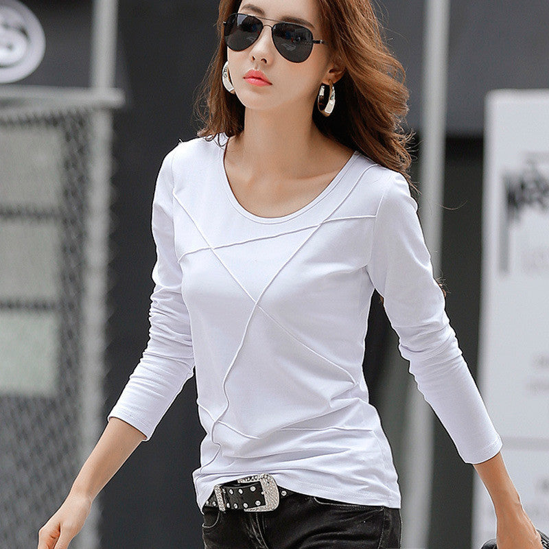 Spring New Women Tee T Shirt Slim Long Sleeve Black White Blue Office T Shirt Lady Tops Cotton T-Shirt Casual High Quality