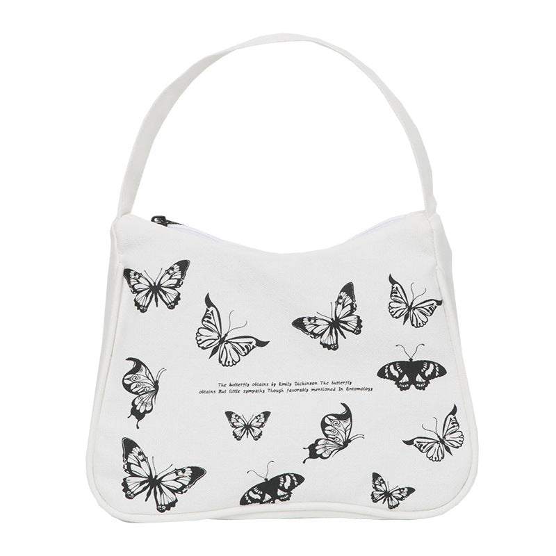 Spring Women Small Handbag Butterfly Print Canvas Tote Ladies' Fashion Underarm Bag Zipper Half Moon Bags Cotton Cloth Purse