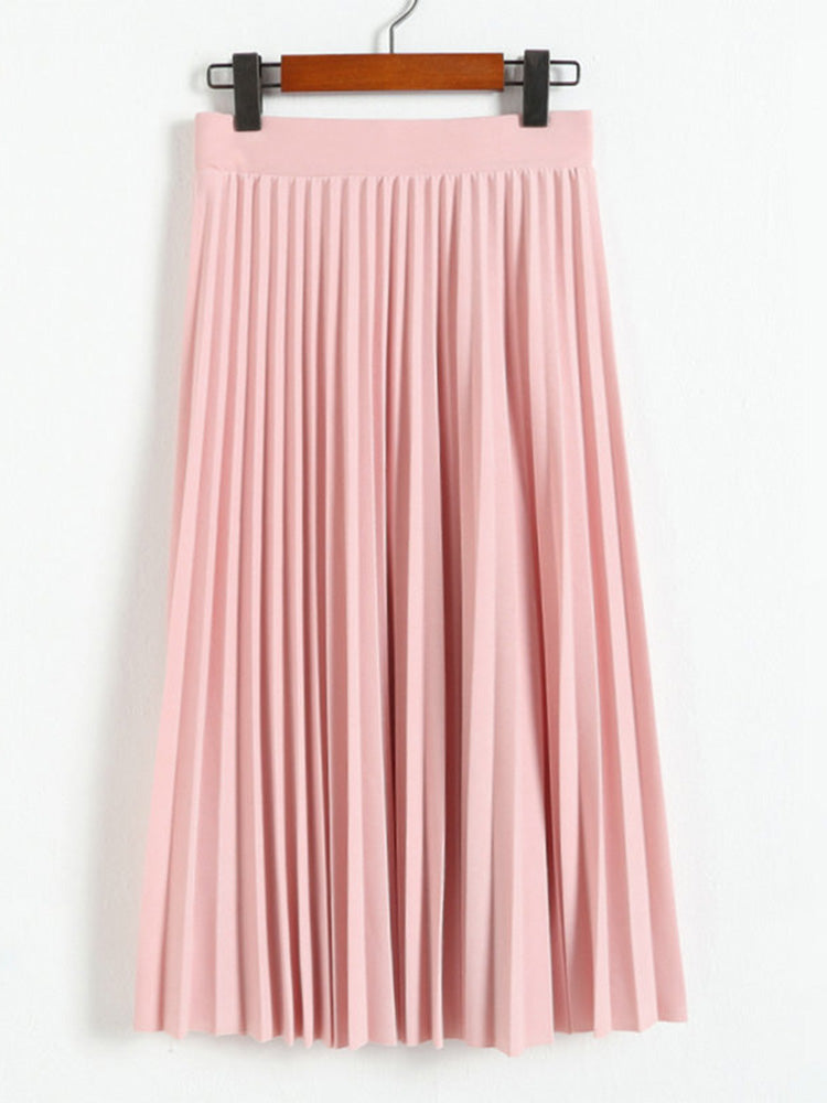 Spring And Autumn New Fashion Women'S High Waist Pleated Solid Color Half Length Elastic Skirt Promotions Lady Black Pink