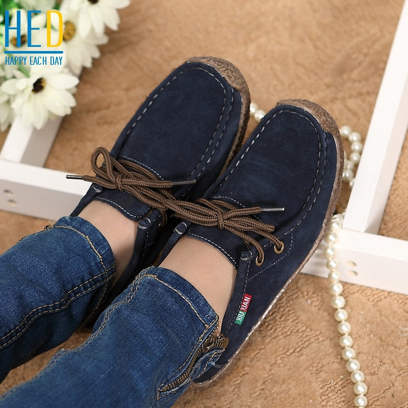 Spring Women Genuine Leather Shoes Woman Hand-Sewn Suede Leather Flats Cowhide Flexible Boat Shoes Women Loafer Plus Size