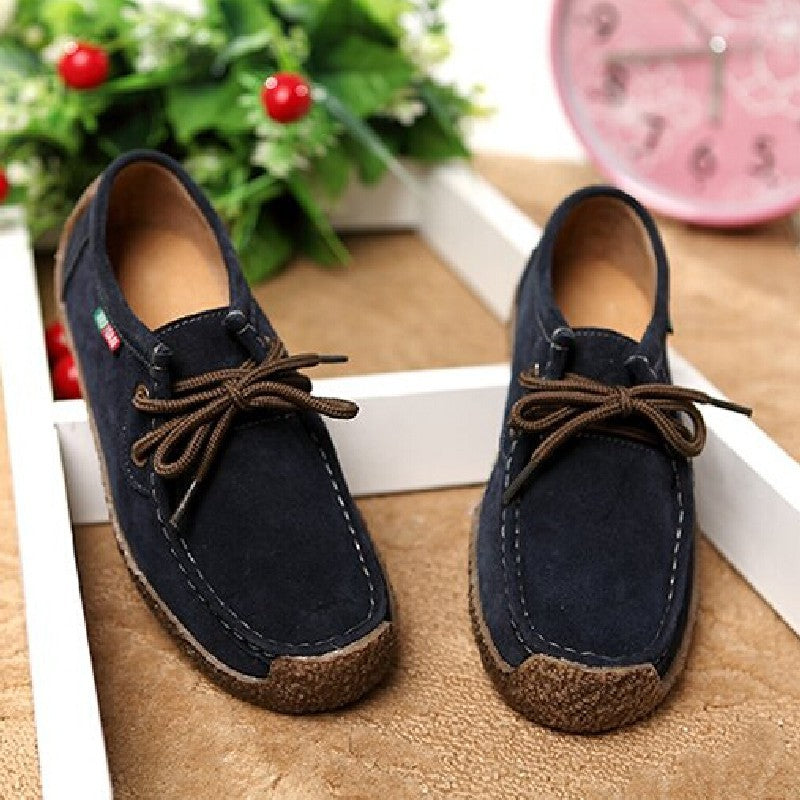 Spring Women Genuine Leather Shoes Woman Hand-Sewn Suede Leather Flats Cowhide Flexible Boat Shoes Women Loafer Plus Size