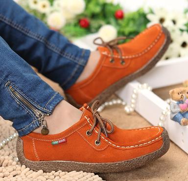 Spring Women Genuine Leather Shoes Woman Hand-Sewn Suede Leather Flats Cowhide Flexible Boat Shoes Women Loafer Plus Size