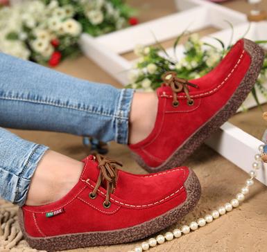 Spring Women Genuine Leather Shoes Woman Hand-Sewn Suede Leather Flats Cowhide Flexible Boat Shoes Women Loafer Plus Size