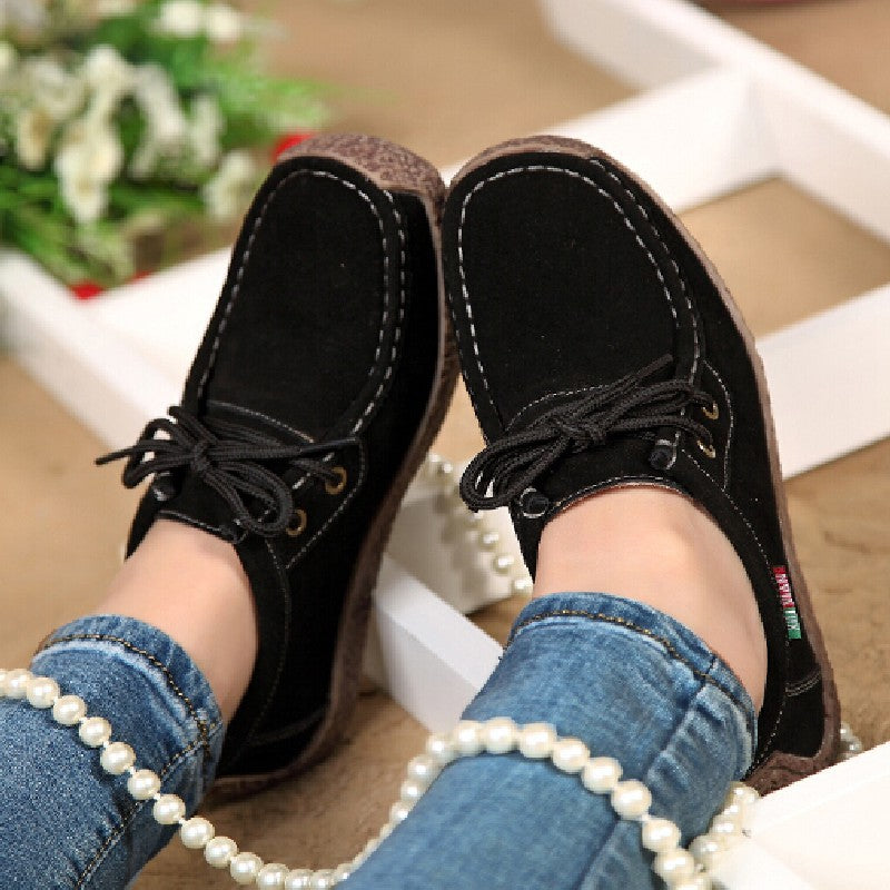 Spring Women Genuine Leather Shoes Woman Hand-Sewn Suede Leather Flats Cowhide Flexible Boat Shoes Women Loafer Plus Size