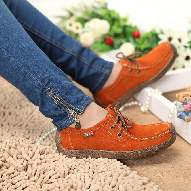 Spring Women Genuine Leather Shoes Woman Hand-Sewn Suede Leather Flats Cowhide Flexible Boat Shoes Women Loafer Plus Size